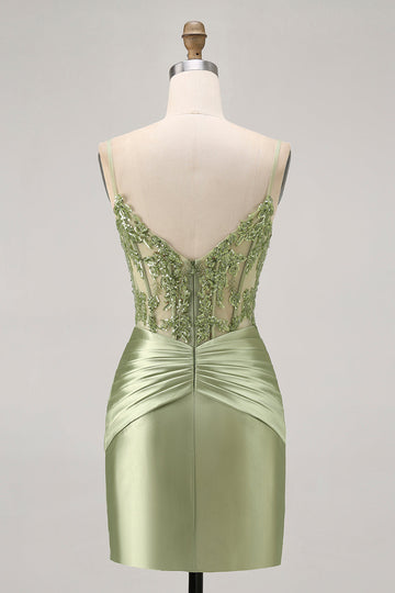 Green Corset Satin Bodycon Homecoming Dress with Sequins